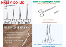 Pen / panh kẹp cong dài 20 cm, không có mấu, có răng cưa, độ dài đầu gắp cong 6-7cm, bằng thép không